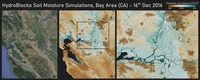 HydroBlocks surface soil moisture simulation over the California Bay Area on January 3rd, 2017. For illustration and comparison a Landsat image is shown on the left.