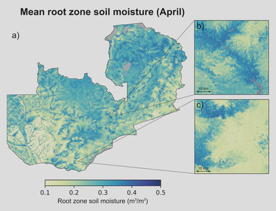 Mean April values (2000–2018) of root zone soil moisture at 30-m spatial resolution, as simulated by HydroBlocks land surface model. April root zone soil moisture was the most predictive variables in the ML model.